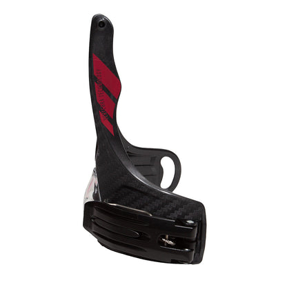 The La Sportiva Ski/Walk Mech Starlet features a black and red carbon fiber face guard with ventilation slits for protective sports use, reminiscent of the robust build of a Starlet ski boot, displayed on a white background.