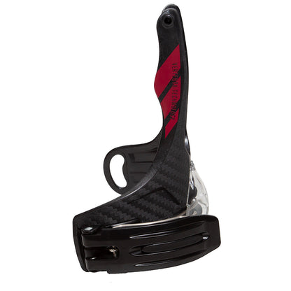 The La Sportiva Ski/Walk Mech Starlet features a black and red carbon fiber build with a sleek, streamlined design, side-entry opening inspired by a Starlet ski boot's left part, and mounting holes for easy bike frame attachment.