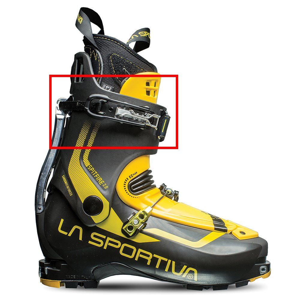 A yellow and black La Sportiva Spitfire 2.0 ski boot with a red box highlighting the Cuff Buckle Spitfire 2.0 on the upper cuff, featuring visible La Sportiva branding and multiple replacement options.