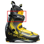 A yellow and black La Sportiva Spitfire 2.0 ski boot with a red box highlighting the Cuff Buckle Spitfire 2.0 on the upper cuff, featuring visible La Sportiva branding and multiple replacement options.