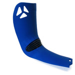 The La Sportiva Tongue-Spectre 2.0 is a blue curved plastic surfboard fin guard with three triangular top cutouts, a flat bottom strip, and a coiled black leash attached to the middle section, featuring the Spectre 2.0 replacement tongue design.