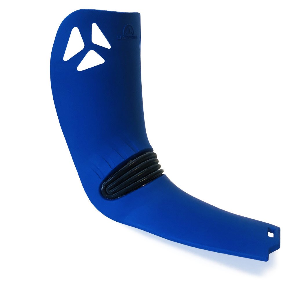 The La Sportiva Tongue-Spectre 2.0 is a blue curved plastic surfboard fin guard with three triangular top cutouts, a flat bottom strip, and a coiled black leash attached to the middle section, featuring the Spectre 2.0 replacement tongue design.