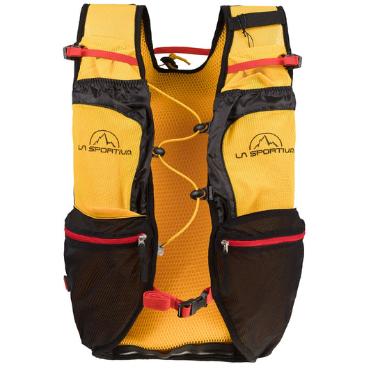 The La Sportiva Trail Vest features a yellow and black design, mesh pockets, red zipper accents, adjustable straps, and logo on the chest panels—ideal for running or outdoor activities.