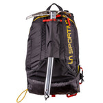 The La Sportiva Skimo Race Backpack in black with yellow lettering is shown from the front, holding an ice axe securely via exterior straps—ideal for ski mountaineering and competitions.