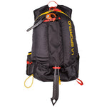 The La Sportiva Course Backpack is a black running pack with yellow details, vest-style comfort for long races, front ice axe attachment, and vertical yellow LA SPORTIVA branding on the side.