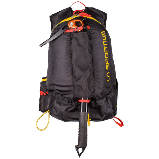 The La Sportiva Course Backpack is a black running pack with yellow details, vest-style comfort for long races, front ice axe attachment, and vertical yellow LA SPORTIVA branding on the side.