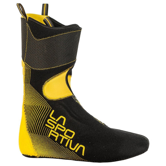 The La Sportiva Sytron Liner features a black and yellow design with bold yellow branding, textured upper sections, and a pull tab—ideal as a replacement liner for your ski mountaineering boots.