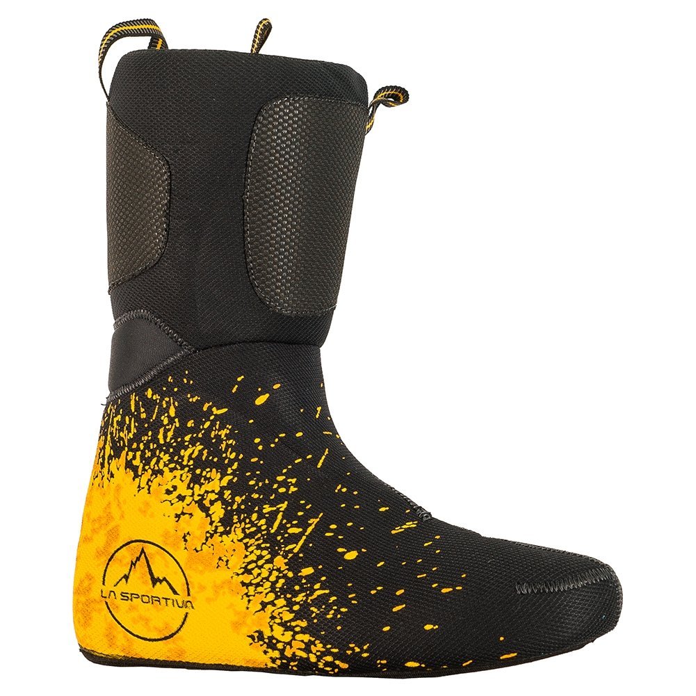 The La Sportiva EZ Wrap Liner is a black and yellow ski boot liner with a speckled yellow design, reinforced ankle padding, and the La Sportiva logo by the heel for comfort and performance on the slopes.