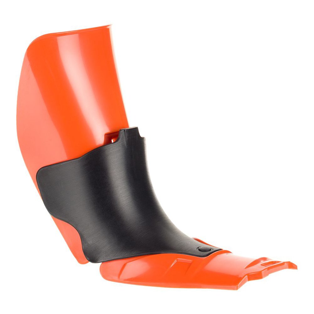 The La Sportiva Double Power Tongue is a bright orange plastic shin and foot guard with a black ankle protector, designed for sports or motorcycle use, resembling a Shadow ski boot tongue and shown on a white background.