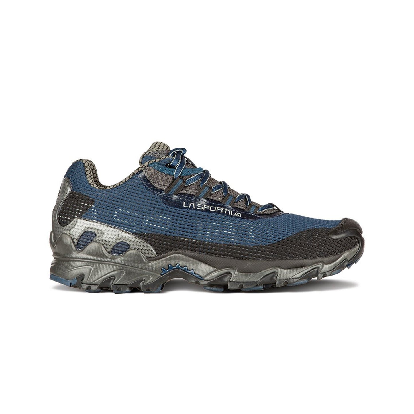 The La Sportiva Wildcat is a blue and black mountain running shoe featuring a mesh upper, textured sole, and patterned laces, displayed in side profile against a white background.