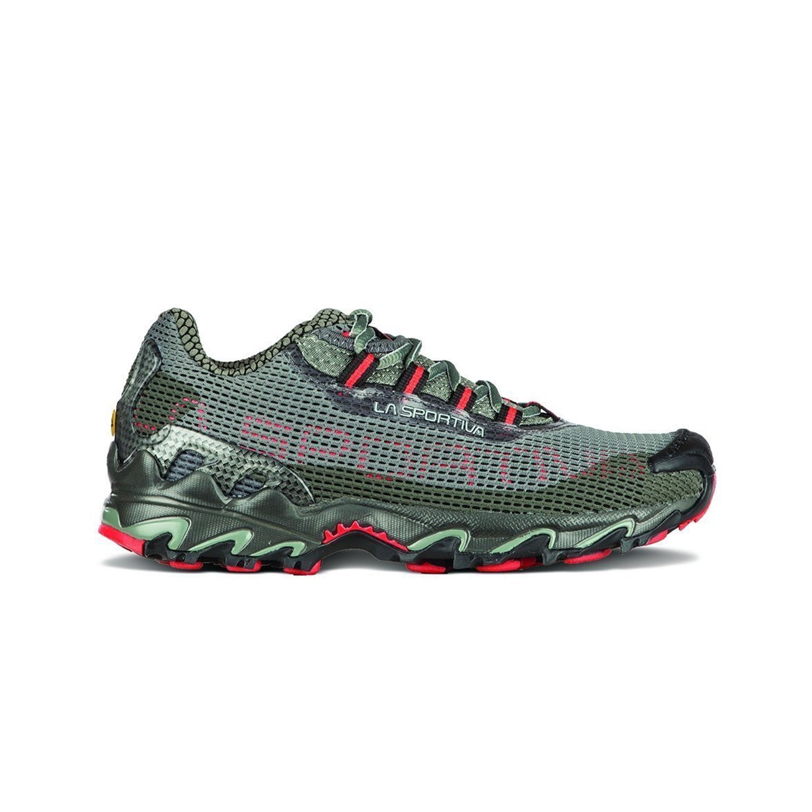 A side view of the La Sportiva Wildcat Women's mountain running shoe in green and black with red accents, showing a textured mesh upper, rugged sole for trail protection, and La Sportiva branding on the side.