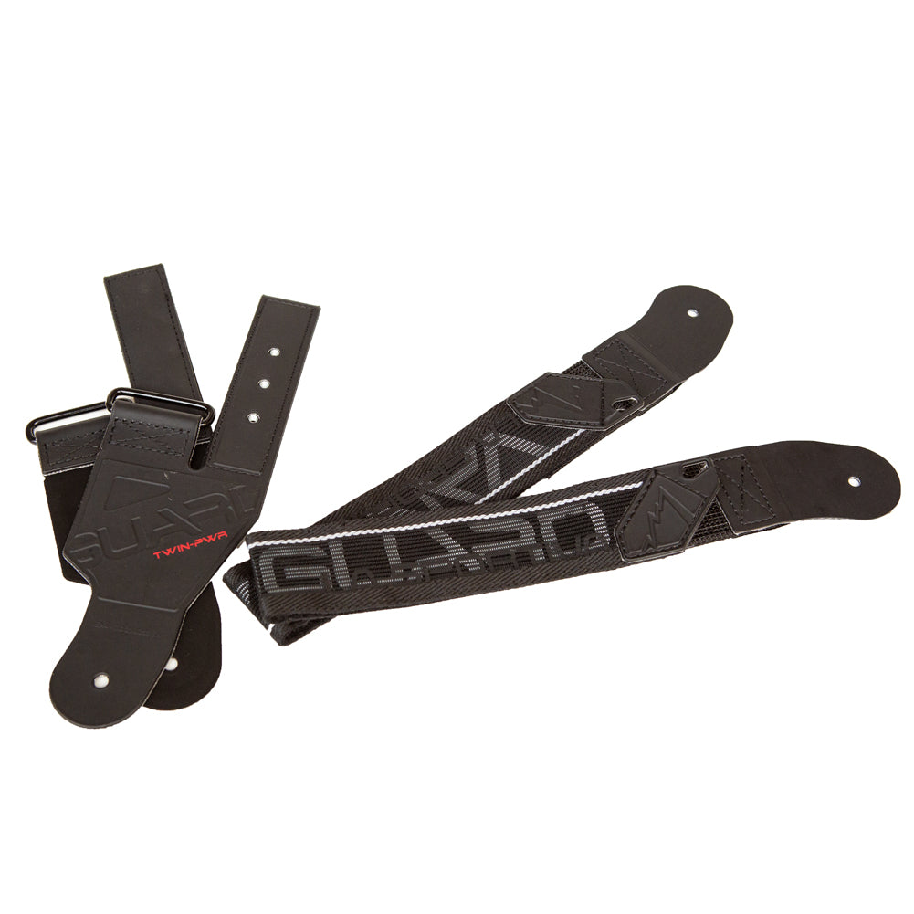 The La Sportiva Cuff Belt Kit Vanguard is a black adjustable strap with metal buckles, reinforced leather ends, and printed branding, inspired by the upper cuff strap of Vanguard ski boots.