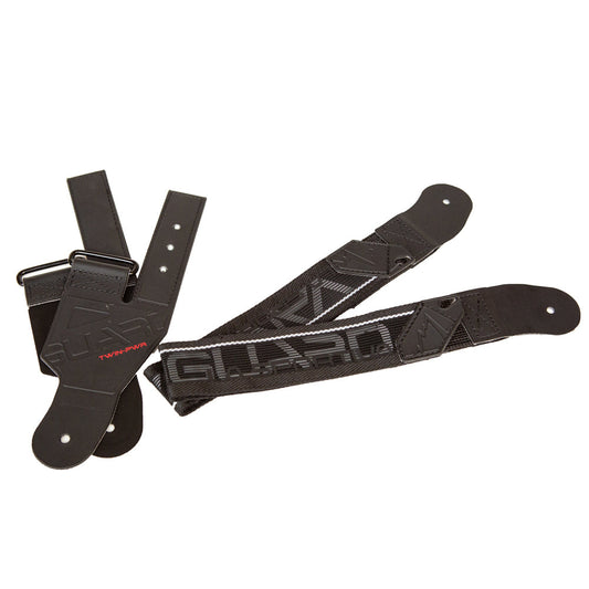 The La Sportiva Cuff Belt Kit Vanguard is a black adjustable strap with metal buckles, reinforced leather ends, and printed branding, inspired by the upper cuff strap of Vanguard ski boots.