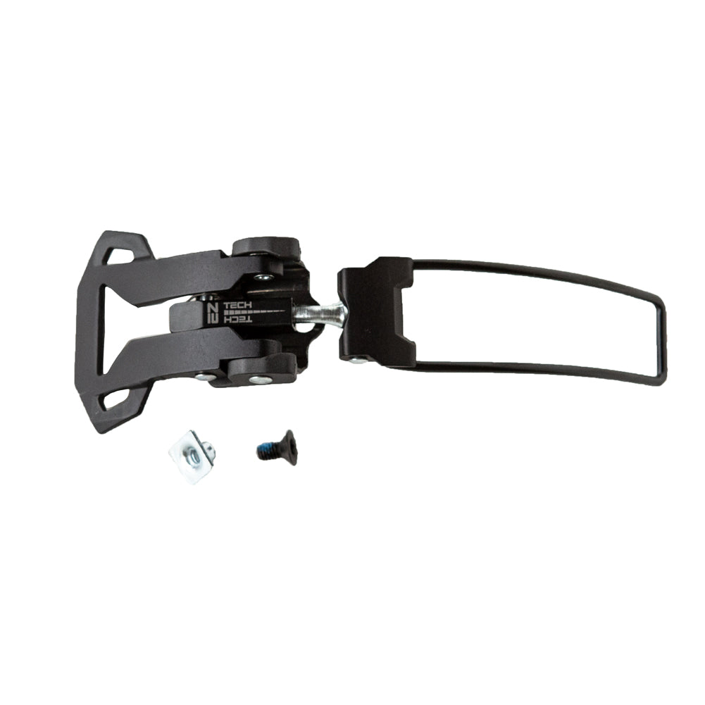 The La Sportiva Upper Buckle Closure System 3 Vanguard, a black metal ski binding part with lever and knobs, is displayed with a small screw and square nut on a white background.