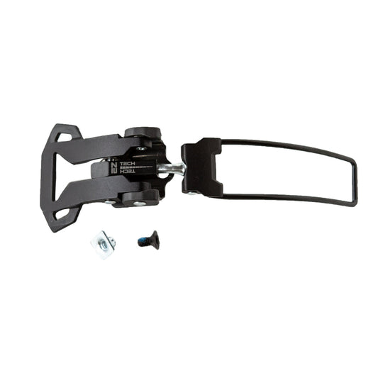 The La Sportiva Upper Buckle Closure System 3 Vanguard, a black metal ski binding part with lever and knobs, is displayed with a small screw and square nut on a white background.