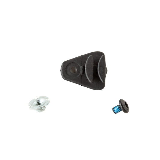 The Loop Lower Buckle Vanguard by La Sportiva includes a black plastic clip with a central hole, a silver T-nut, and a black screw with blue threading, all shown on a white background.