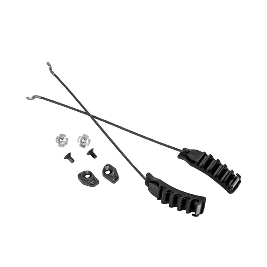 The La Sportiva Ratchet Vanguard includes two black curved visor attachment arms (cuff-buckle style), two screws, two washers, and two mounting pieces, displayed on a white background.