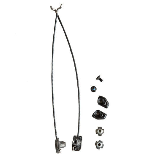 La Sportiva Shell Closing Wire Vanguard (Int. Side) kit includes two cables with metal ends, two black levers, a black screw, blue washer, and three mounting nuts, shown on a white background.