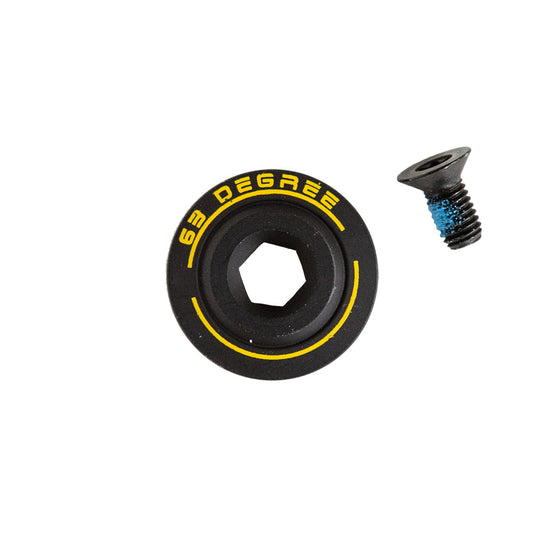 A La Sportiva Shell/Cuff Screw Vanguard and a black circular component labeled "63 DEGREE" in yellow, with blue threadlock, are shown on a white background—both compatible with Vanguard ski boots.