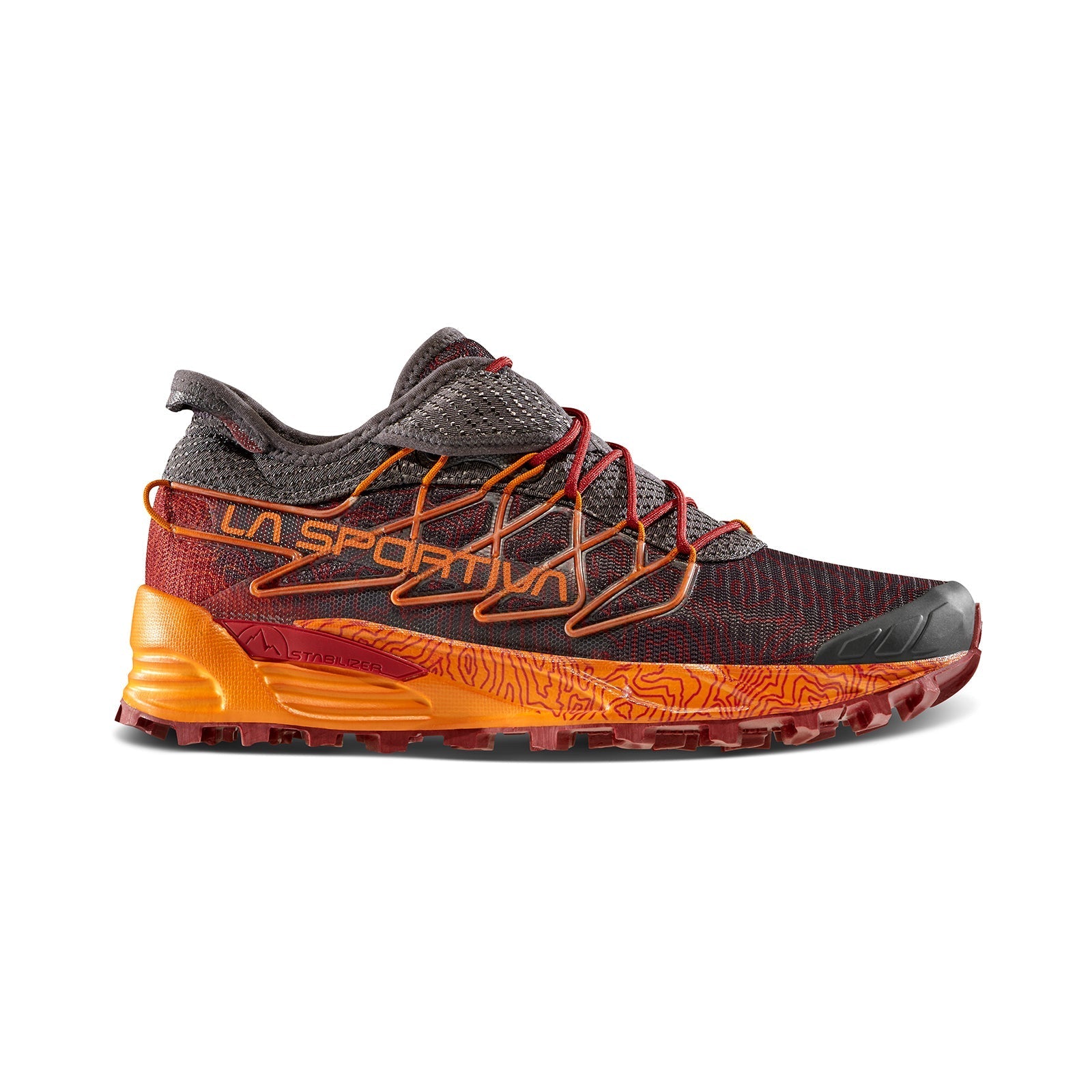 The La Sportiva Mutant is a trail running shoe with a dark gray mesh upper, orange and yellow accents, red laces, and a rugged orange and red FriXion XF 2.0 outsole. The La Sportiva logo is displayed on the side.