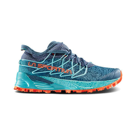 The La Sportiva Mutant Women's is a blue and teal trail running shoe with orange accents, orange LA SPORTIVA text on the side, a FusionGate lacing system, and a rugged FriXion rubber sole for tough terrain.
