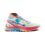 The La Sportiva Jackal II BOA Women's (2023) is a white, red, and blue mountain running shoe with a mesh upper, bold blue and red branding, dual BOA Fit System dials, and a rugged sole built for ultra-long distance outdoor adventures.
