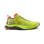 The La Sportiva Jackal II trail-running shoes feature bright green and red colors, a side logo, plush cushioning, mesh for breathability, and black-red tread. Shown from a side profile on a white background.