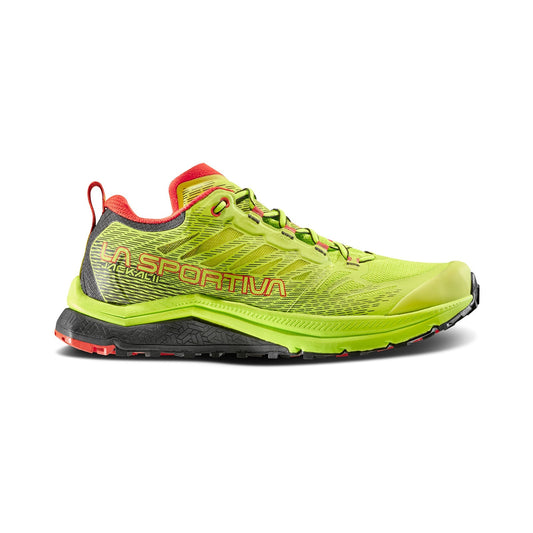 The La Sportiva Jackal II trail-running shoes feature bright green and red colors, a side logo, plush cushioning, mesh for breathability, and black-red tread. Shown from a side profile on a white background.
