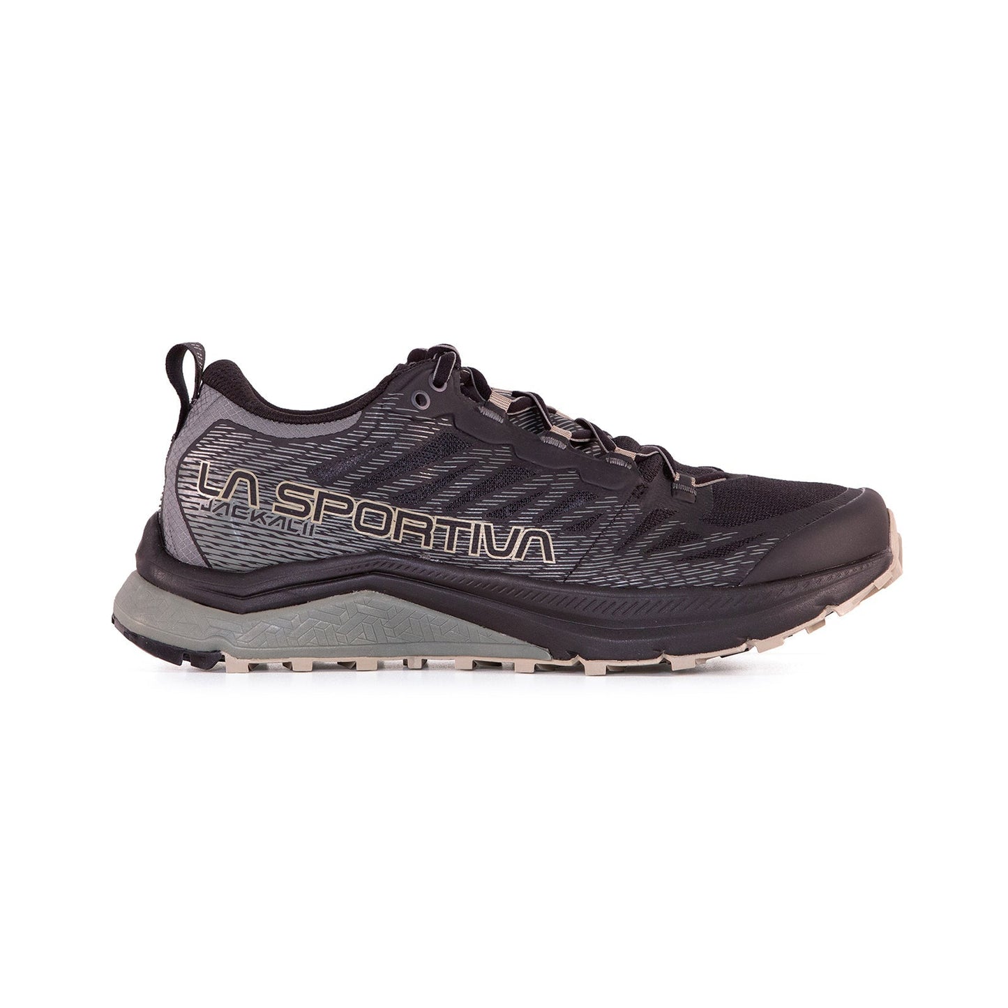 The La Sportiva Jackal II is a black trail-running shoe with large LA SPORTIVA branding on the side, plush cushioning, a rugged sole, and a breathable mesh upper. Shown in side profile view on a white background.