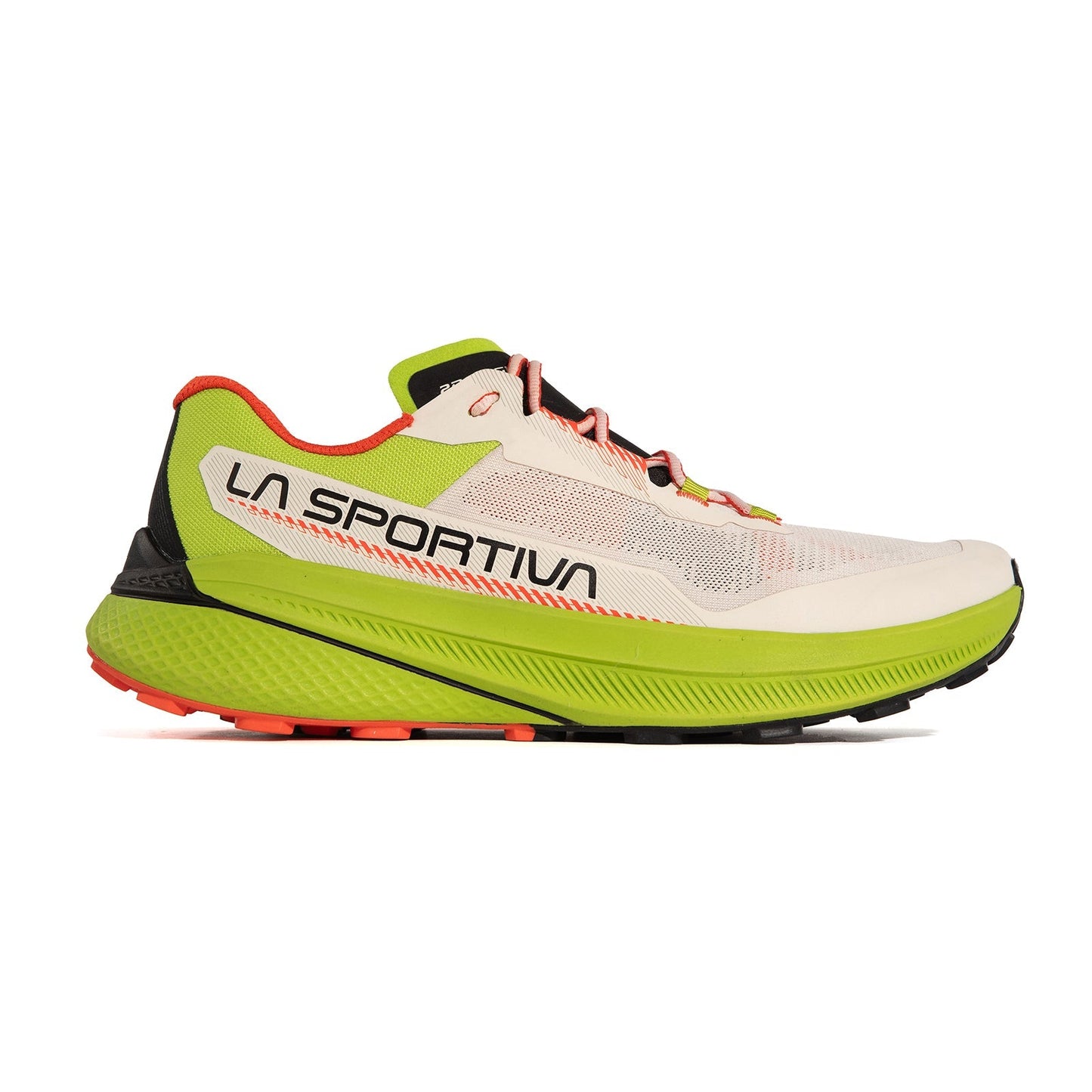 Side view of the La Sportiva Prodigio trail running shoe featuring a white and lime green upper, orange and black accents, mesh details, a thick XFlow foam sole, and bold LA SPORTIVA branding on the side.