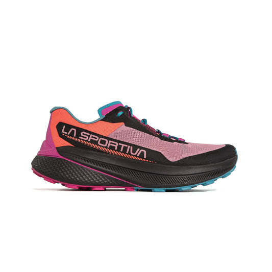The La Sportiva Prodigio Women's trail running shoe features pink, orange, blue, and black colors, a thick XFlow foam cushioned sole, and a breathable mesh upper—perfect for athletic or trail running.