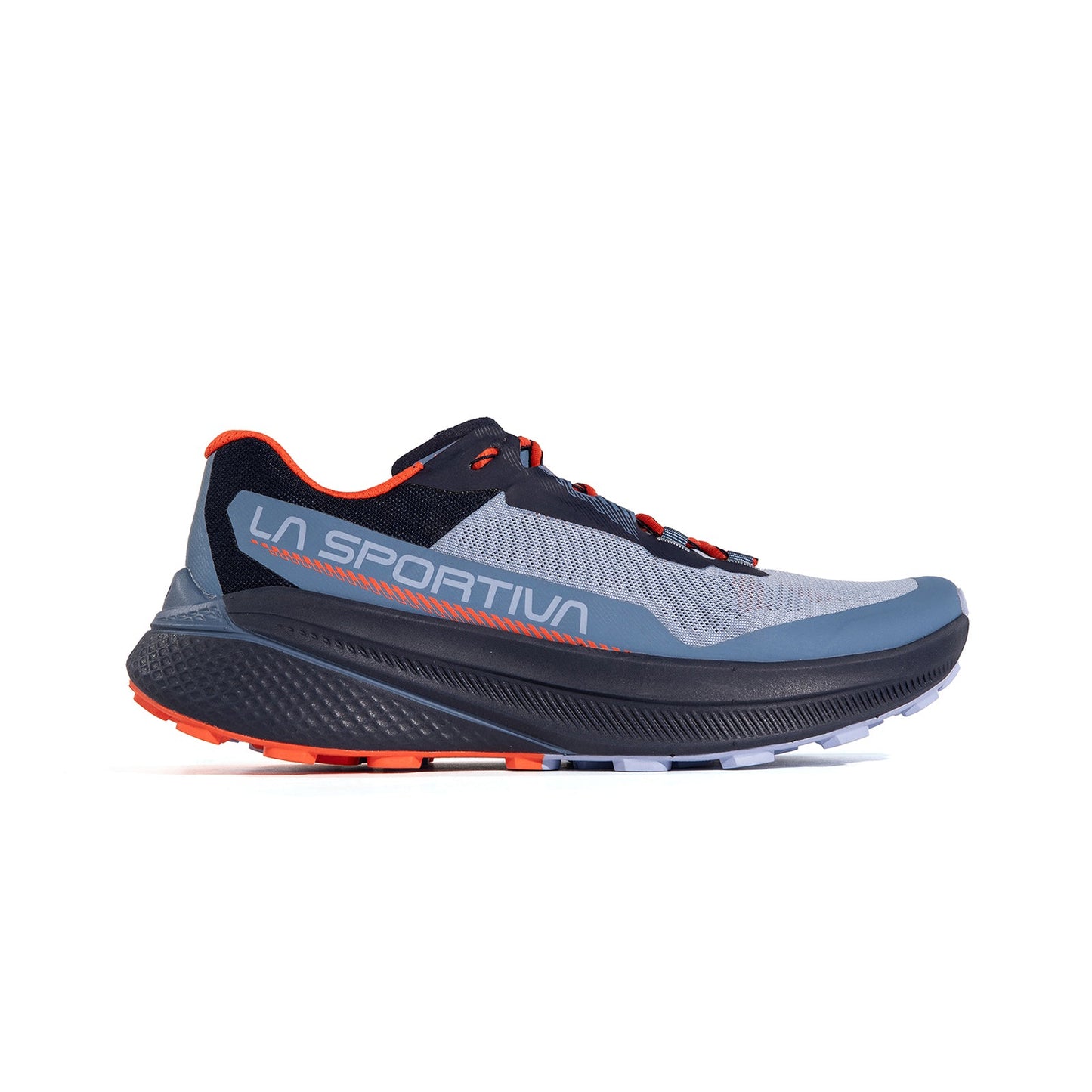 The La Sportiva Prodigio Women's trail running shoe features a gray and black design with orange accents, bold branding, a thick XFlow foam sole for cushioning, and a breathable mesh upper.