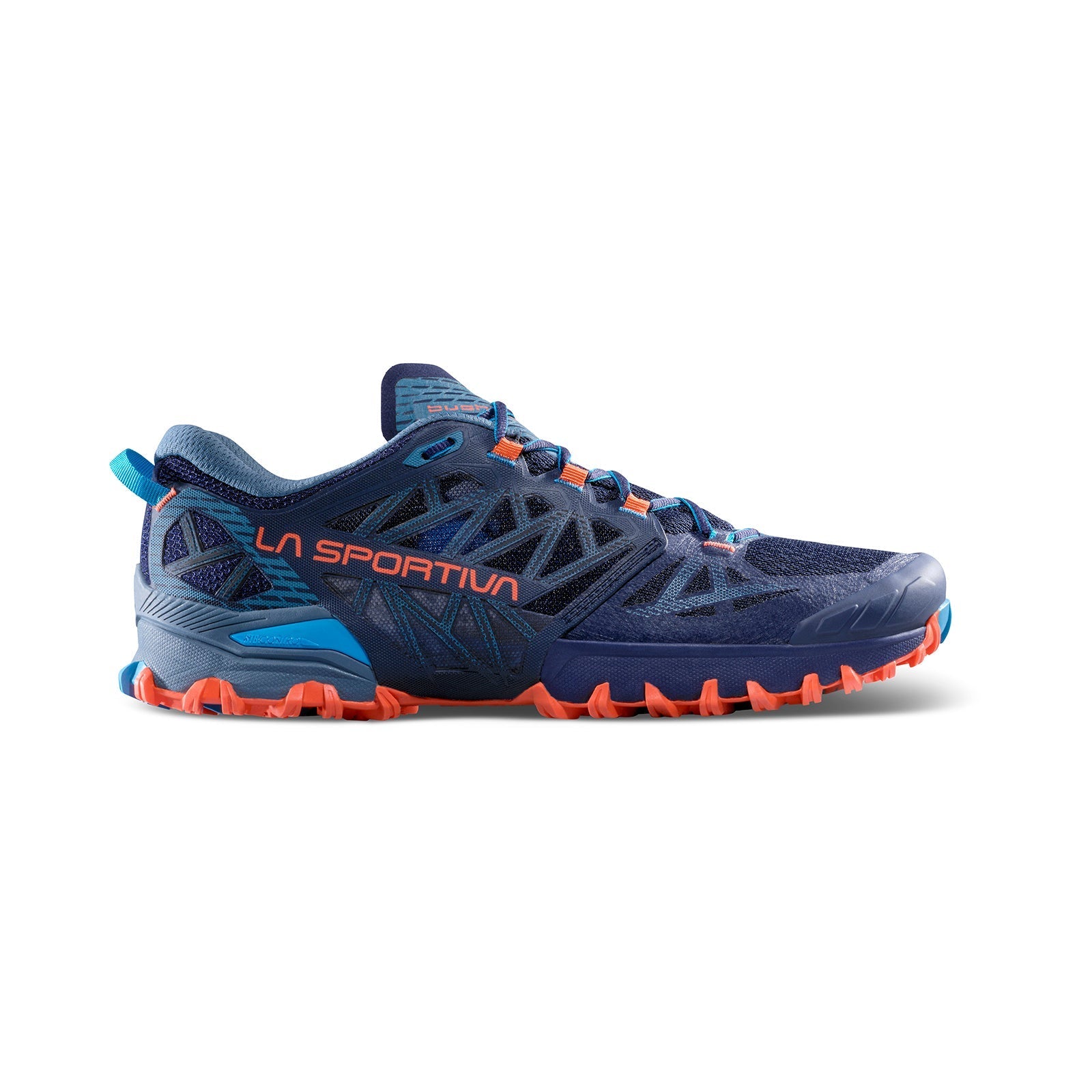 The La Sportiva Bushido III Wide trail running shoe features a blue and orange design, rugged sole, mesh upper, and side logo—engineered for outdoor or mountain terrain.