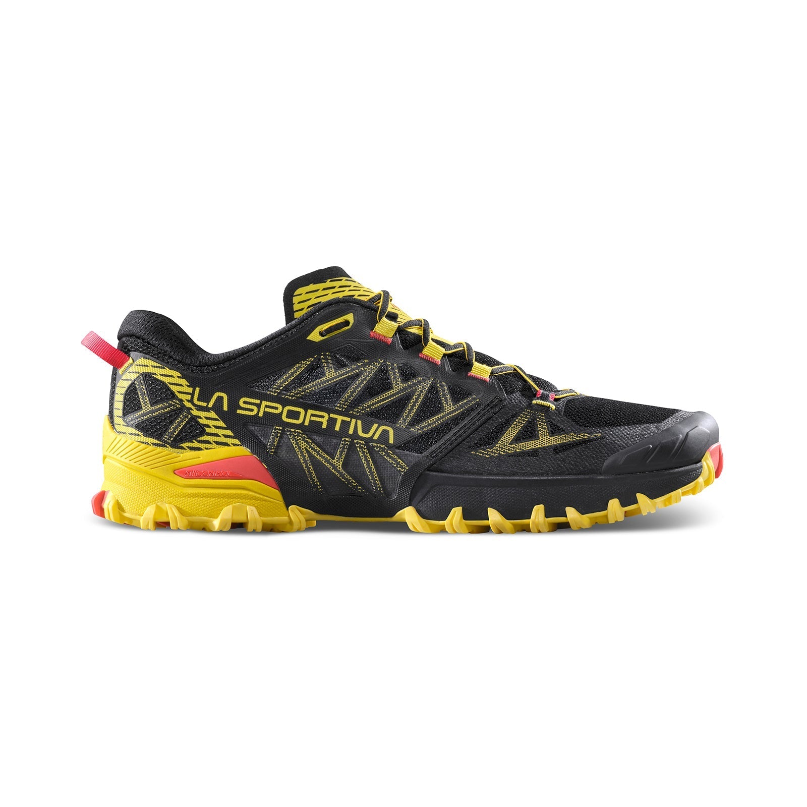 The La Sportiva Bushido III is a black and yellow mountain running shoe with rugged sole, reinforced toe, red accents on heel and tongue—designed for trail runners who demand performance and durability.