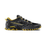 The La Sportiva Bushido III is a black and yellow trail running shoe with rugged tread and La Sportiva branding, built for mountain running and outdoor adventures.