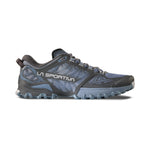 The La Sportiva Bushido III Women's is a blue and black mountain running shoe with a rugged, textured sole and geometric side patterns, designed for trail running and shown in side profile.