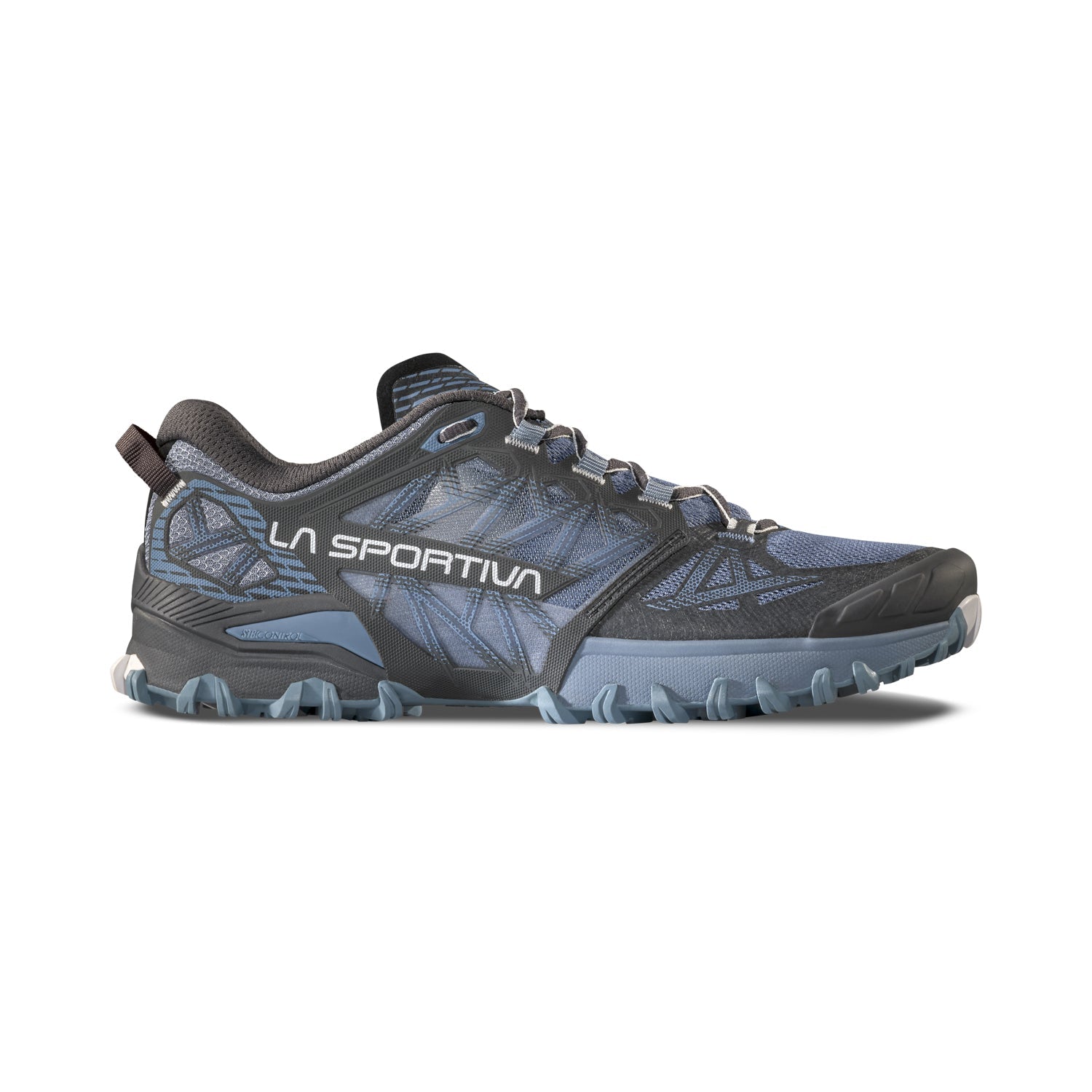 The La Sportiva Bushido III Women's is a blue and black mountain running shoe with a rugged, textured sole and geometric side patterns, designed for trail running and shown in side profile.