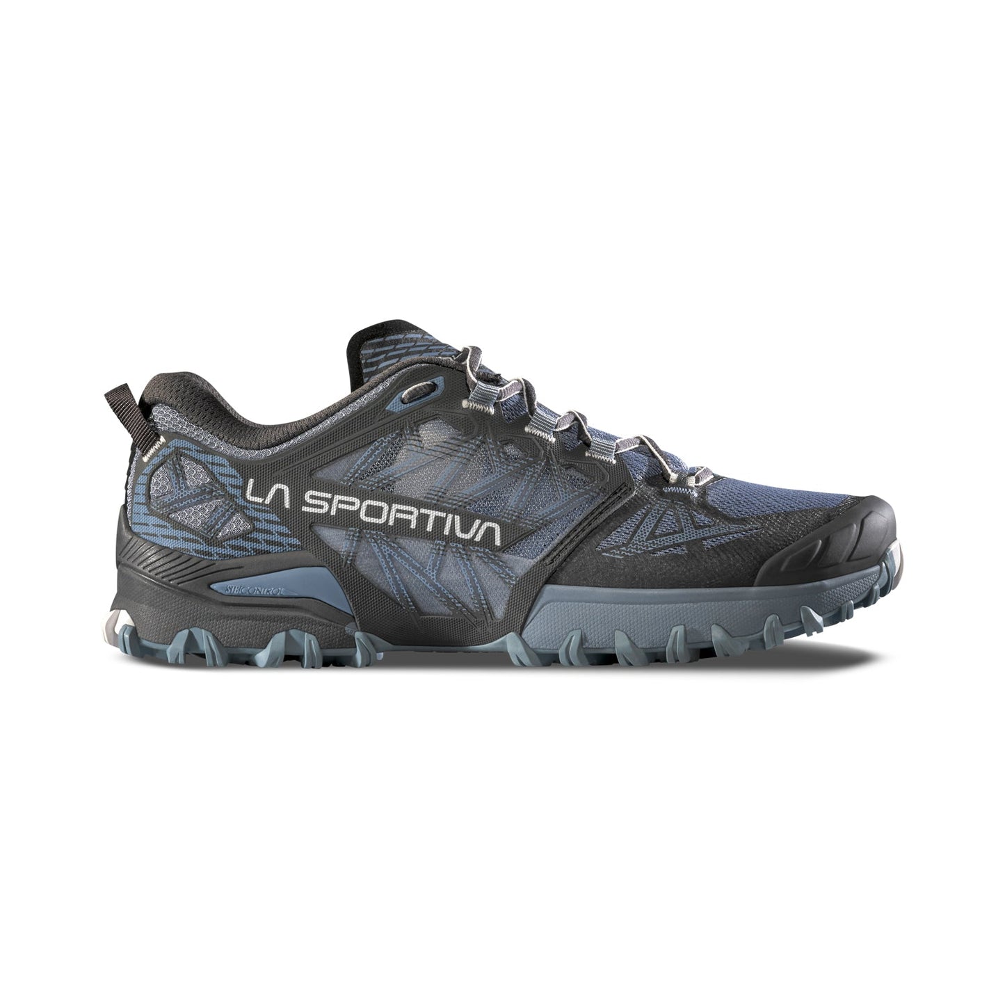 The La Sportiva Bushido III Wide Women's mountain running shoe in black and blue features rugged tread, lace-up closure, and mesh details for trail runners, shown from the side on a white background.