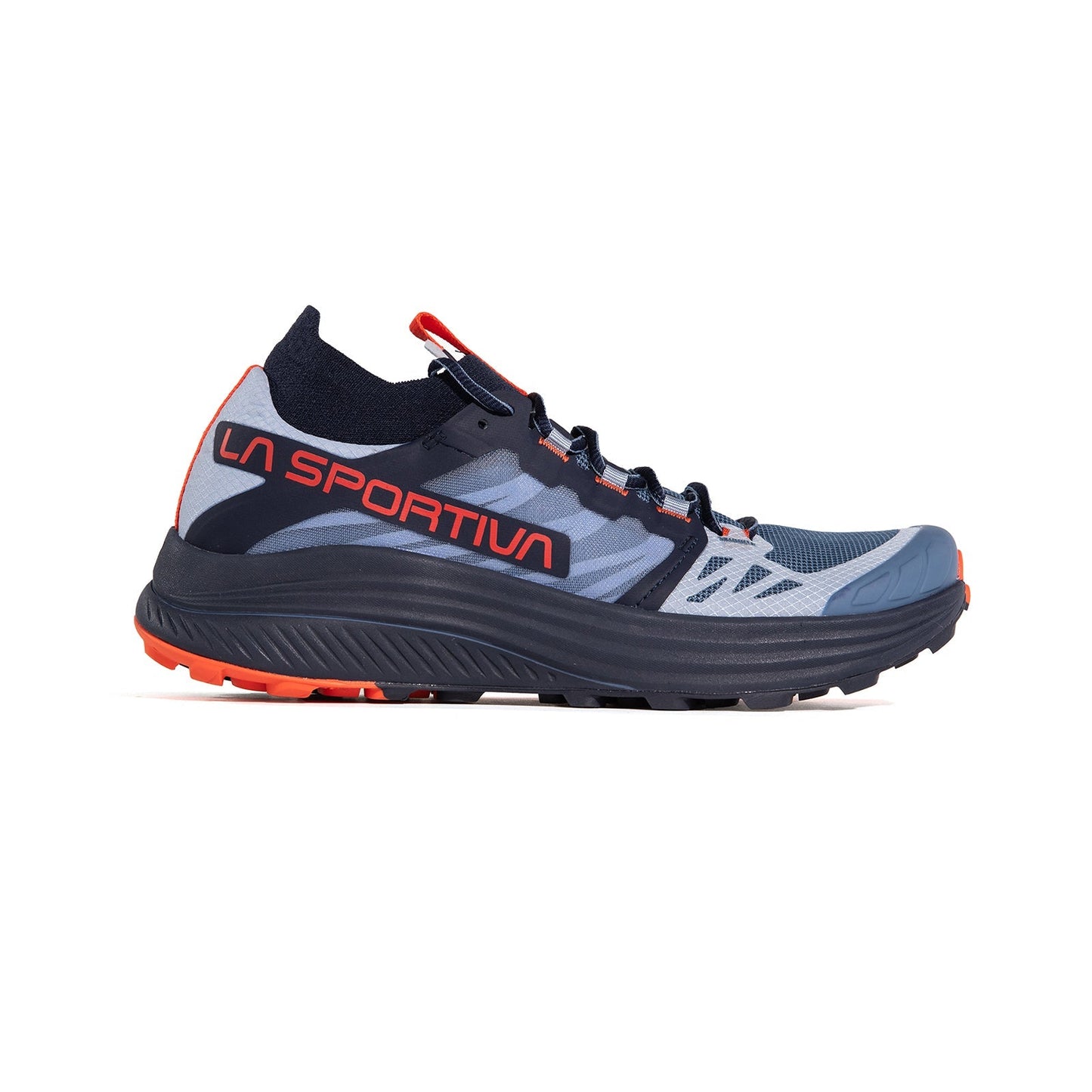 The Levante Women's by La Sportiva is a blue and gray long-distance running shoe with black laces, black sole, orange tread, bold orange LA SPORTIVA branding, designed for stability and optimal cushioning on trails.