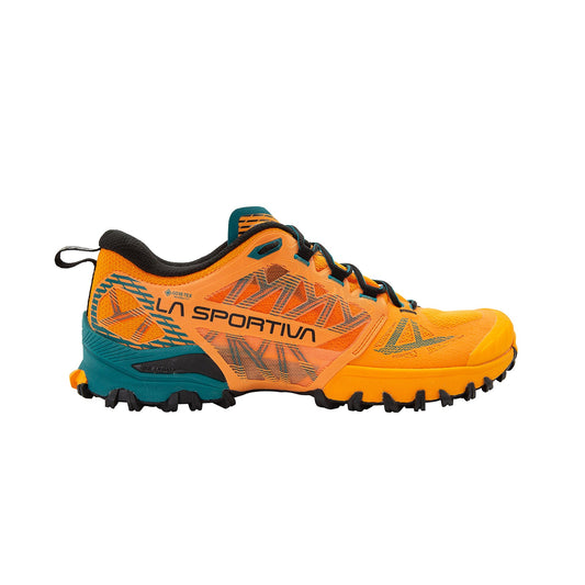 The La Sportiva Bushido III GTX is a bright orange and yellow trail runner with black laces, teal accents, and a rugged black outsole. It features Gore-Tex Invisible Fit for waterproof protection during outdoor adventures.
