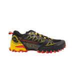 A La Sportiva Bushido III GTX trail runner in black, yellow, and red with rugged tread and a breathable mesh Gore-Tex upper, featuring a prominent side logo, shown from the left.