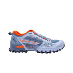 The La Sportiva Bushido III GTX Women's is a light blue and gray trail runner with orange accents, black rugged treads, Gore-Tex protection, and the La Sportiva logo on the side—engineered for outdoor use.