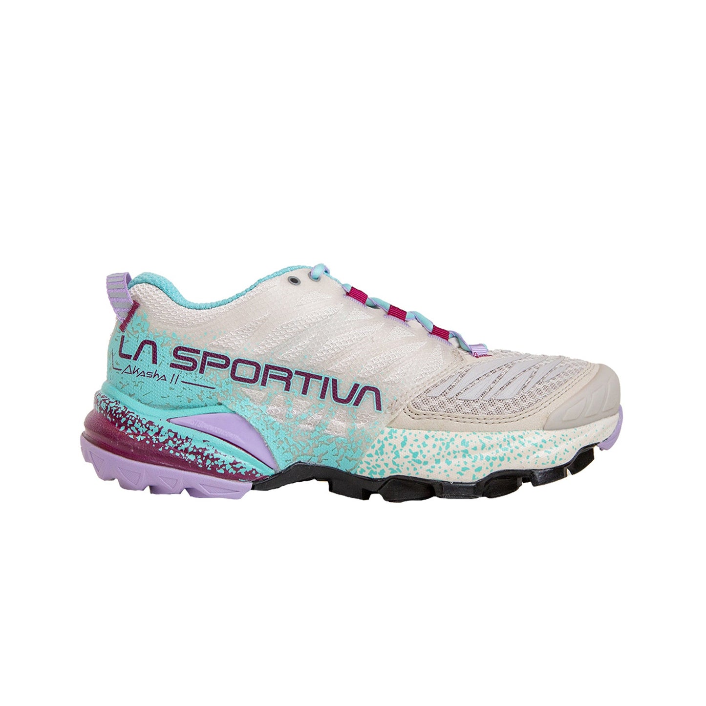 The La Sportiva Akasha II Women's is a beige and light blue trail running shoe with purple and turquoise accents, speckled midsole, and side branding. Its rugged outsole delivers reliable traction for technical terrain and high mileage adventures.
