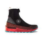 The La Sportiva Cyklon Cross GTX Women's (2023) is a black and red high-top winter running shoe with blue tread, Gore-Tex waterproofing, a zippered cover, BOA Fit System dial closure, and La Sportiva branding on the side.