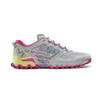 The La Sportiva Bushido III Wide Women's mountain running shoe, shown from the side on a white background, features a gray mesh upper, pink/yellow/teal accents, and a rugged sole for trail runners.