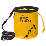 The Laspo Kid Chalk Bag by La Sportiva is yellow with a black strap, drawstring closure, and a black mountain graphic. Its open top shows the interior—ideal for kids or teens beginning their climbing journey.