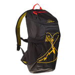The La Sportiva X-Cursion Backpack is black and yellow with a red handle, side pockets, a yellow mountain graphic, padded shoulder straps, PVC coating for durability, and a top zip closure.