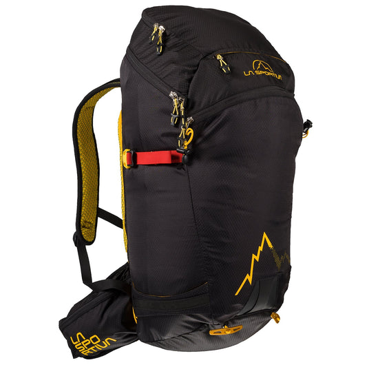 The La Sportiva Sunlite Backpack is black and yellow with multiple zippered compartments, adjustable straps, a waist belt, and an ice-axe holder—ideal for hiking or outdoor adventures.