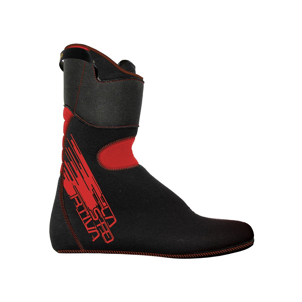 The La Sportiva Stellar Liner is a black and red women’s ski boot liner with visible stitching, high ankle support, and bold red side graphics—engineered for superior comfort and insulation inside your ski boots.