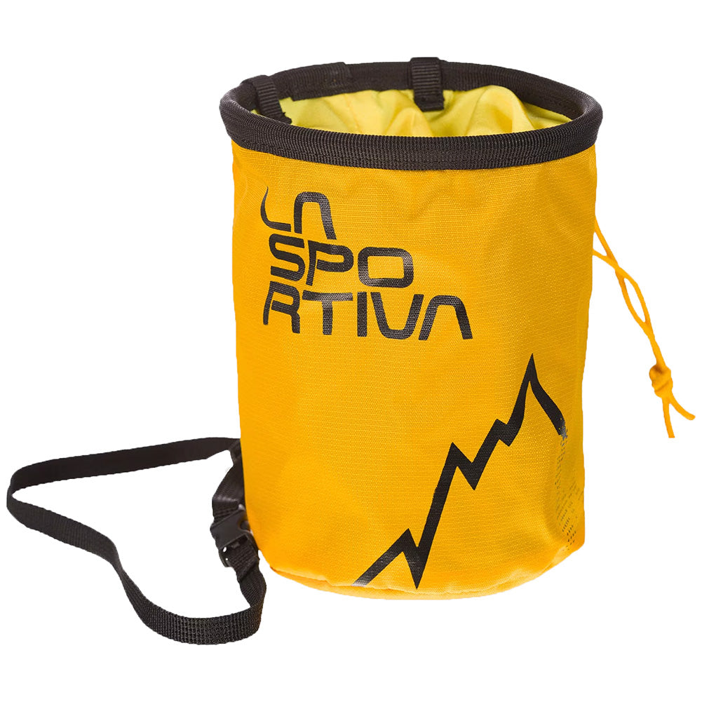 The La Sportiva LSP Chalk Bag is yellow with a black drawstring, trim, and strap. It displays bold black lettering and a stylized mountain graphic on the front.